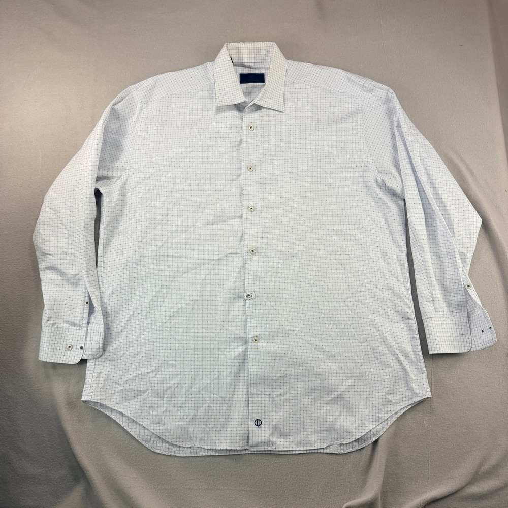 David Donahue Mens 17.5 34/35 Dress Shirt White Blue Grid Cotton Long Sleeve